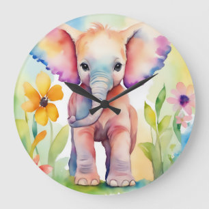 Watercolor Wildlife Elephant Large Clock