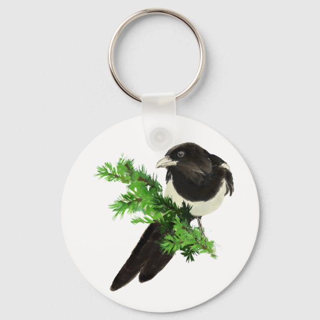 Watercolor Wildlife Magpie Bird Nature art  Keychain (Front)