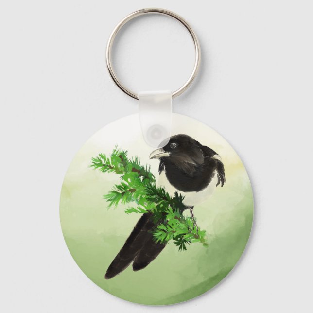 Watercolor Wildlife Magpie Bird Nature art  Keychain (Front)