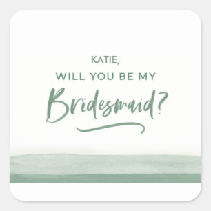 Watercolor Will You Be My Bridesmaid Card Green Square Sticker