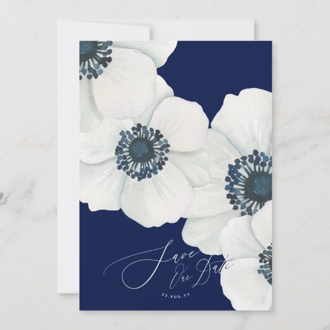 Watercolor Windflowers Navy Blue & White Wedding  Save The Date (Back)