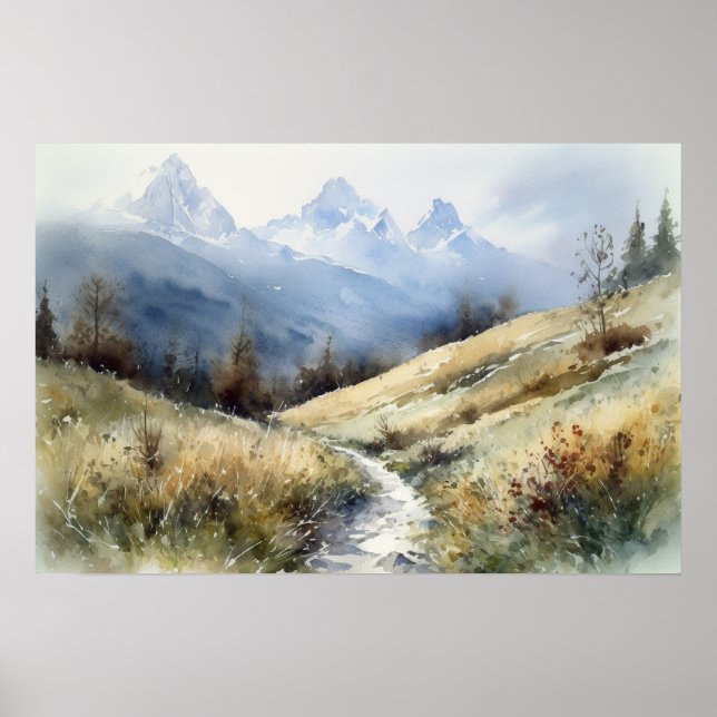 Watercolor winding path through mountain foothills poster (Front)