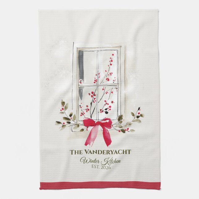 Watercolor Window & Berry Personalized Kitchen Towel (Vertical)