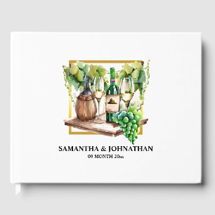 Watercolor wine bottles vineyard winery green gold guest book
