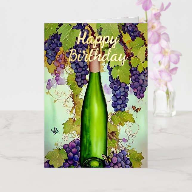 Watercolor Wine & Butterflies Birthday Foil Greeting Card (Orchid)