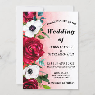 Watercolor Wine Red White Floral wedding  Invitation