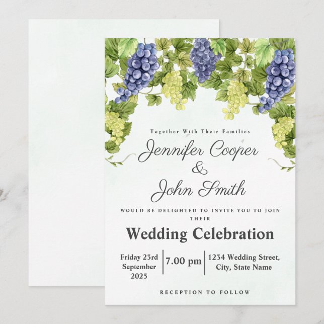 Watercolor Winery Grape Vines Vineyard Wedding Inv Invitation (Front/Back)
