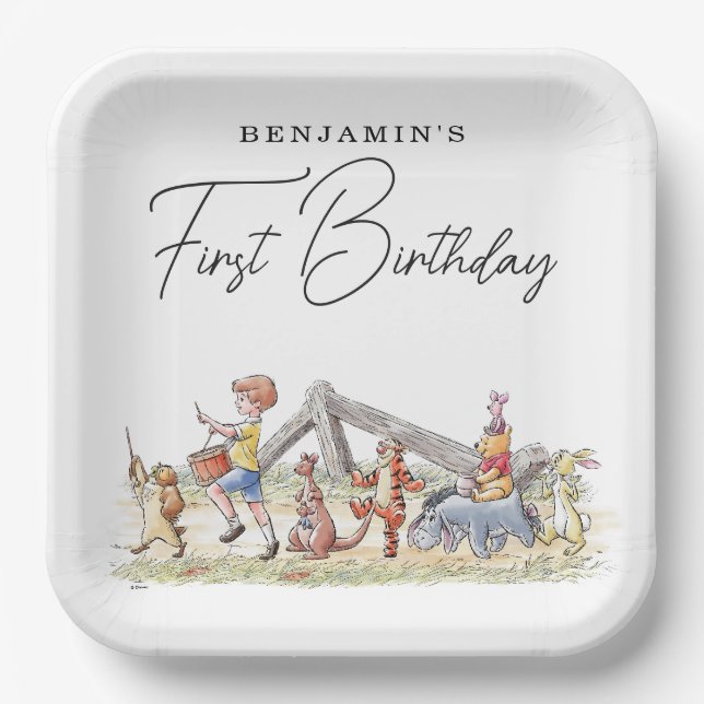 Watercolor Winnie the Pooh & Pals Birthday Paper Plate (Front)