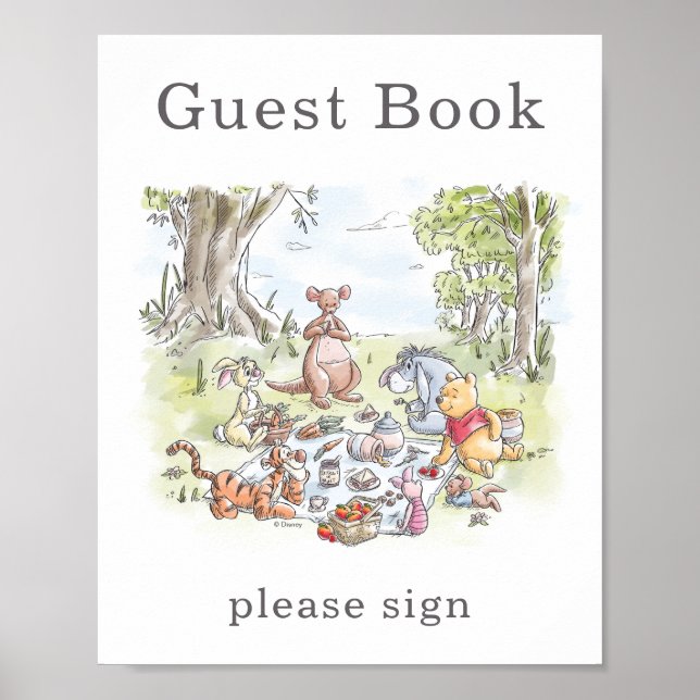 Watercolor Winnie the Pooh Picnic Baby Shower Poster (Front)