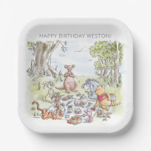 Watercolor Winnie the Pooh Picnic First Birthday Paper Plate