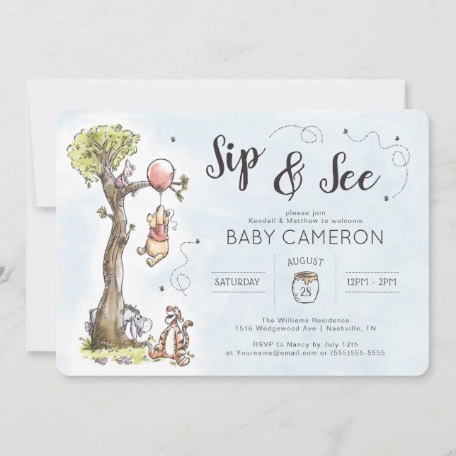 Watercolor Winnie the Pooh | Sip and See Invitation (Front)