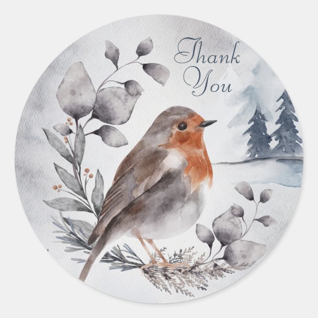 Watercolor Winter American Robin Thank You Classic Round Sticker (Front)