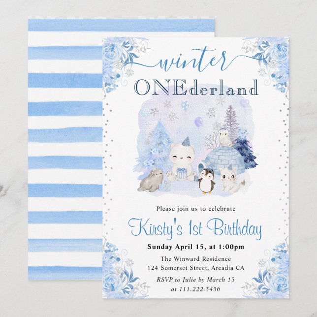 Watercolor Winter Arctic Animals 1st Birthday Invitation (Front/Back)
