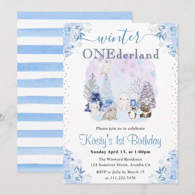 Watercolor Winter Arctic Animals 1st Birthday Invitation (Front/Back)