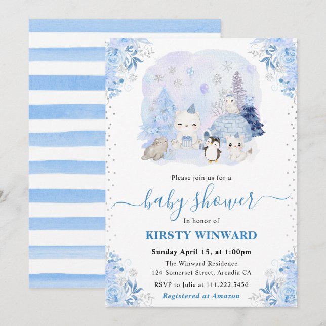 Watercolor Winter Arctic Animals Baby Shower Invitation (Front/Back)