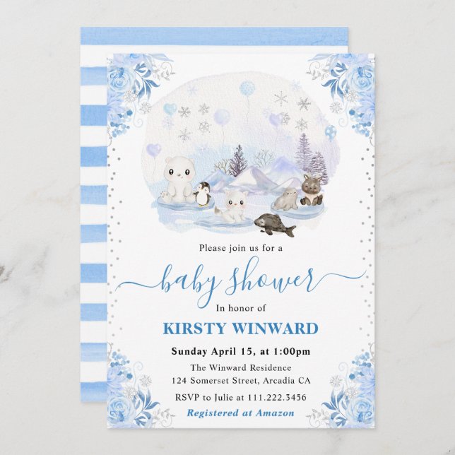 Watercolor Winter Arctic Animals Baby Shower Invitation (Front/Back)