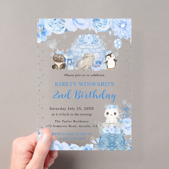 Watercolor Winter Arctic Animals Kids Birthday Acrylic Invitations (Insitu (Handheld))