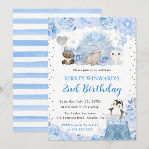 Watercolor Winter Arctic Animals Kids Birthday Invitation
