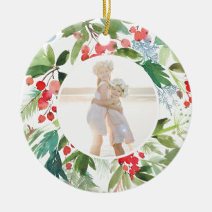 Watercolor Winter Berries and Greenery Ceramic Ornament