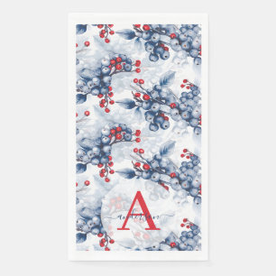 Watercolor Winter Berries Monogrammed Christmas Napkin