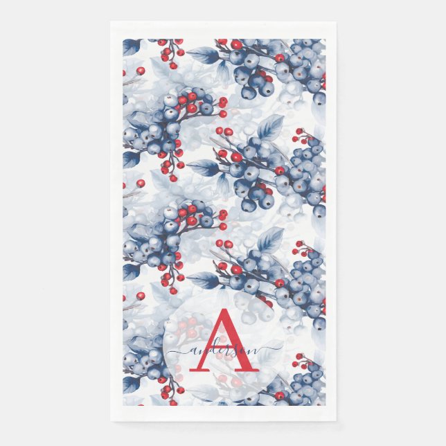 Watercolor Winter Berries Monogrammed Christmas Napkin (Front)