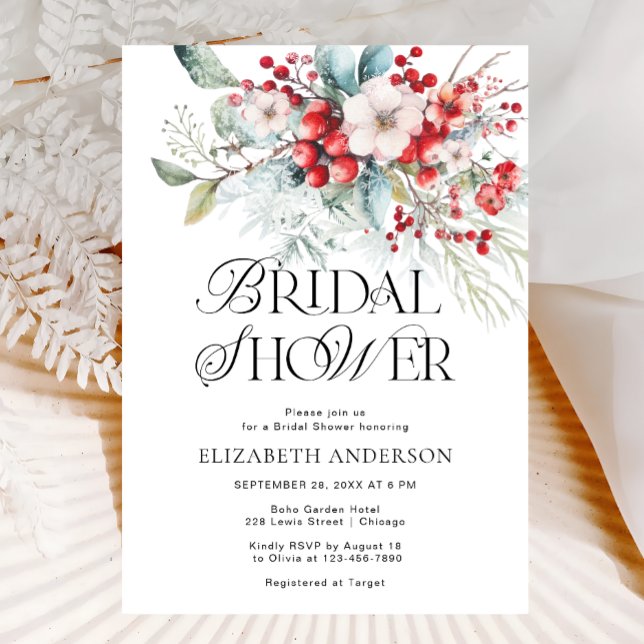 Watercolor Winter Berry Foliage Bridal Shower Invitation (Creator Uploaded)