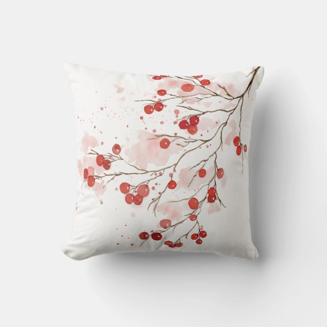 Watercolor Winter Berry  Throw Pillow (Front)