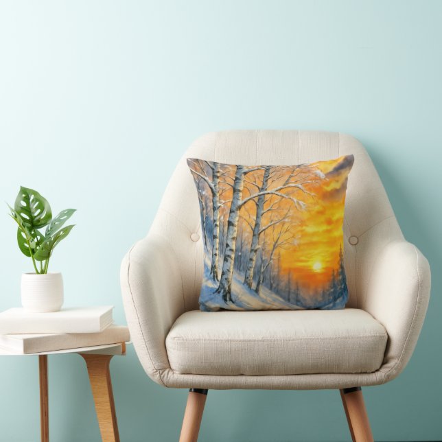 Watercolor Winter Birch Trees  Throw Pillow (Chair)