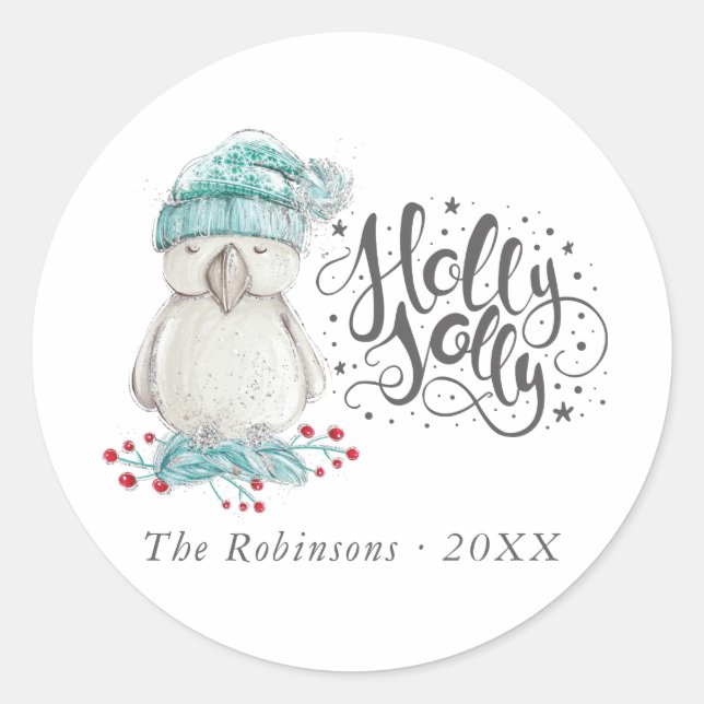 Watercolor Winter Bird Holly Jolly Christmas Classic Round Sticker (Front)