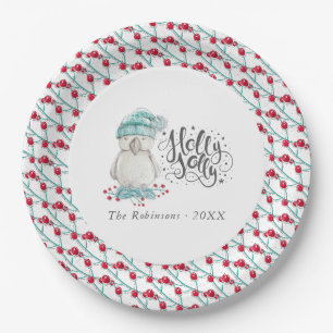 Watercolor Winter Bird Holly Jolly Christmas Party Paper Plate
