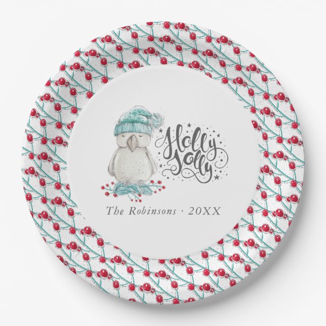 Watercolor Winter Bird Holly Jolly Christmas Party Paper Plate (Front)