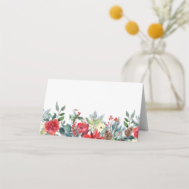 Watercolor Winter Blooms Garland Botanical Wedding Place Card (Front)