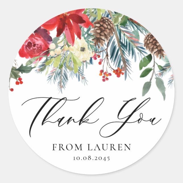 Watercolor Winter Blooms Garland Thank You Classic Round Sticker (Front)