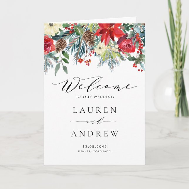 Watercolor Winter Blooms Garland Wedding Program (Front)