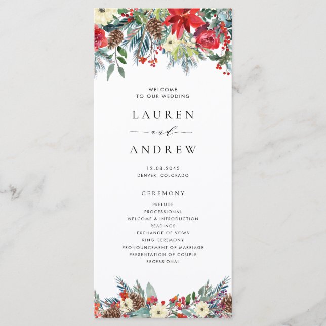 Watercolor Winter Blooms Garland Wedding Program (Front)