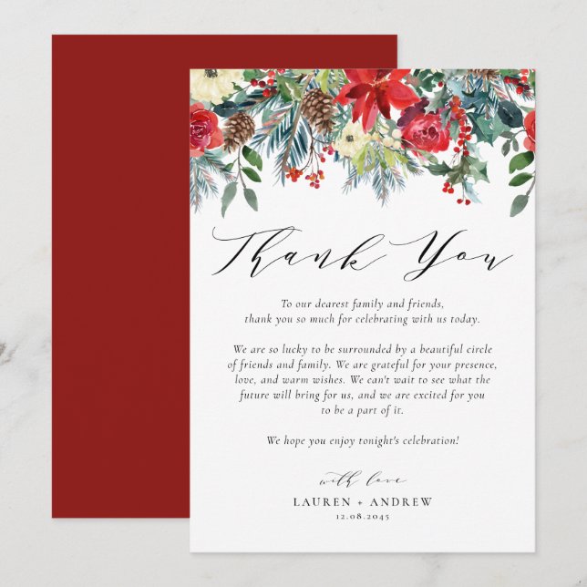 Watercolor Winter Blooms Garland Wedding Thank You Card (Front/Back)
