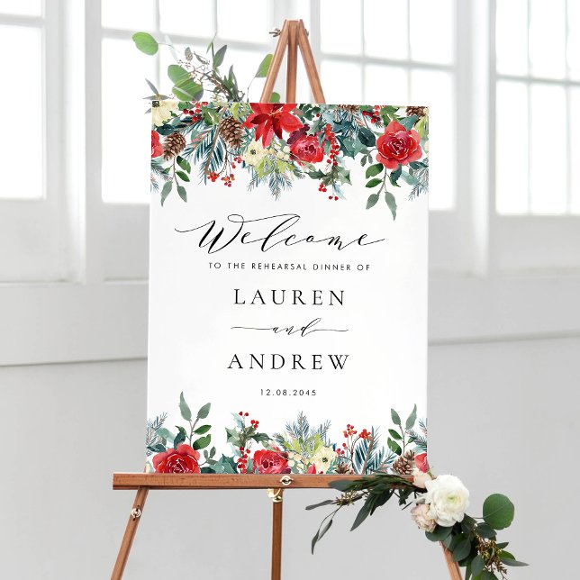 Watercolor Winter Blooms Garlands Rehearsal Dinner Poster (Customizable rehearsal dinner welcome sign featuring watercolor winter flowers and greenery)