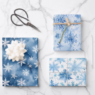 Watercolor Winter Blue and White Snowflake Gift Wrapping Paper Sheet
