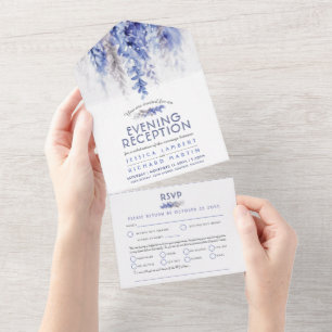 Watercolor winter blue evening reception wedding all in one invitation
