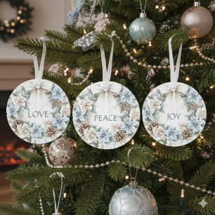 Watercolor Winter Blue Floral Joy Holiday Wreath Ornament