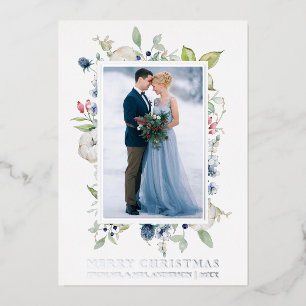 Watercolor Winter Blue Floral Newlywed Silver Foil Holiday Card