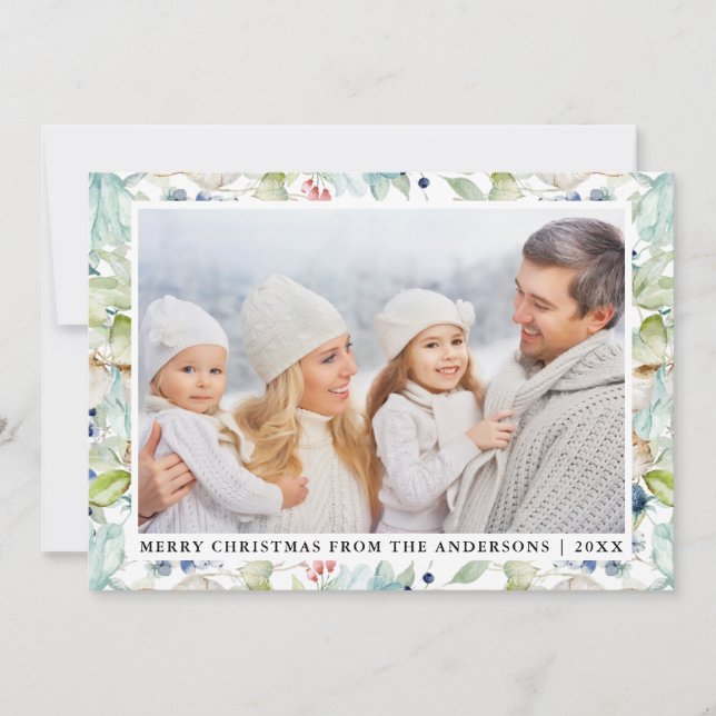Watercolor Winter Blue Floral Photo Christmas Holiday Card (Front)