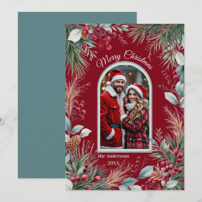 Watercolor Winter Botanical Border Pine Berries Holiday Card (Front/Back)