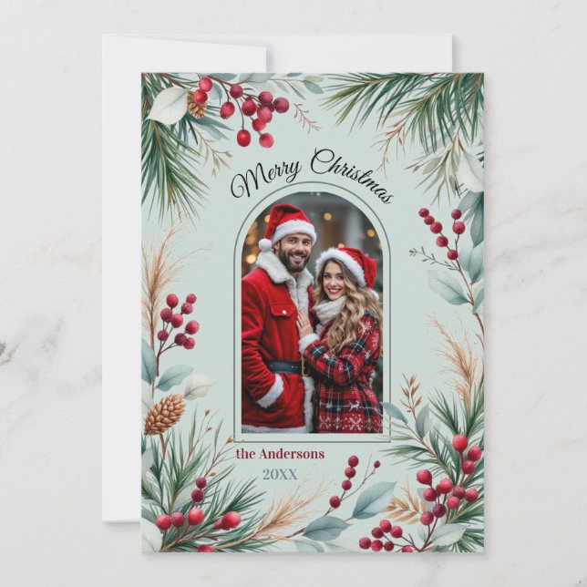 Watercolor Winter Botanical Border Pine Berries Holiday Card (Front)