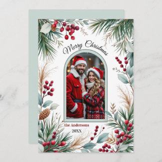 Watercolor Winter Botanical Border Pine Berries Holiday Card