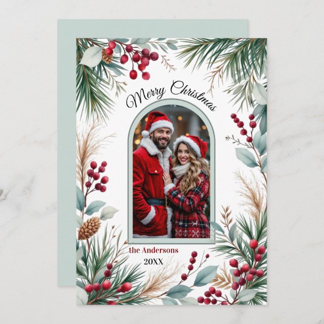Watercolor Winter Botanical Border Pine Berries Holiday Card (Front/Back)