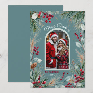 Watercolor Winter Botanical Border Pine Berries Holiday Card