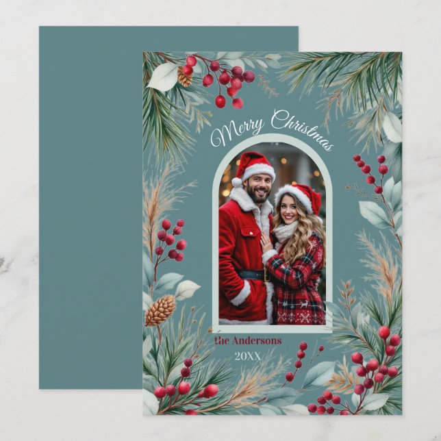 Watercolor Winter Botanical Border Pine Berries Holiday Card (Front/Back)