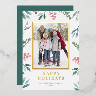 Watercolor Winter Botanical Frame Photo Foil Holiday Card