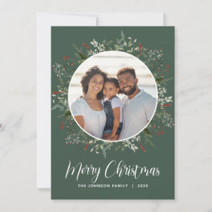 Watercolor Winter Botanical Photo Green Holiday Card